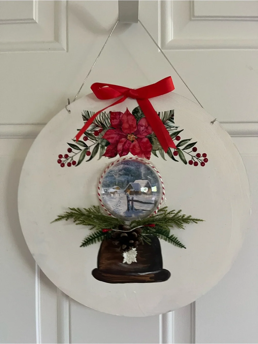 White Holiday Door Wreath Accent with Red Poinsettia and Snow Globe